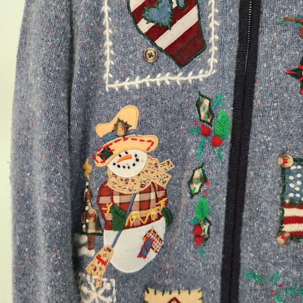 OHI Folk Christmas Sweater Full Zip Country Birds Patriotic US Flag Large EUC - Picture 9 of 16